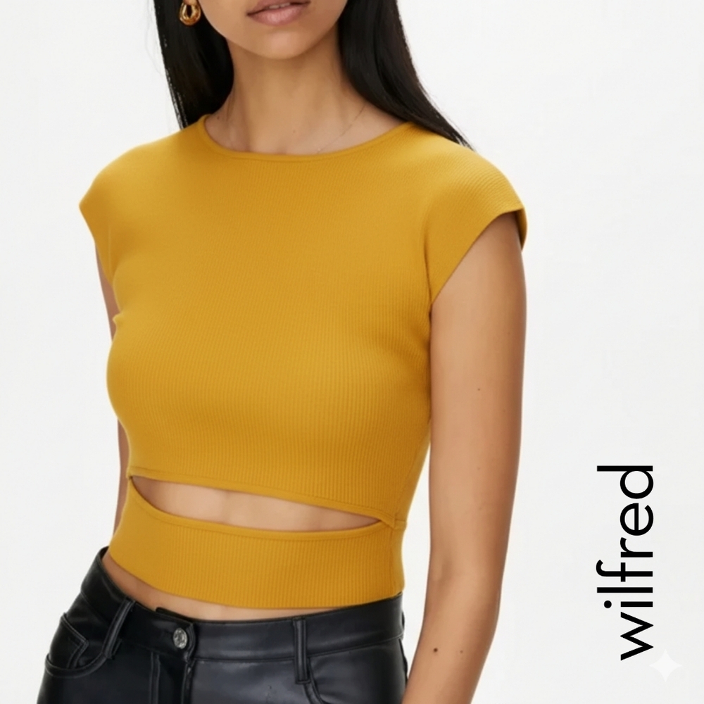 XS Aritzia Wilfred Yacine Ribbed Cutout Knit Top, Mustard Yellow